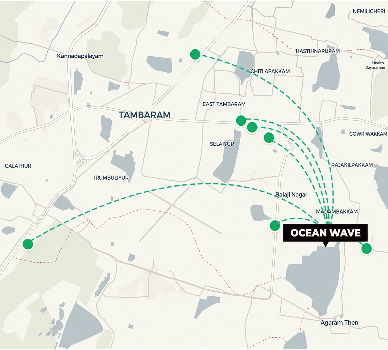 Nearby destinations around Ocean Wave gated community plots in Madambakkam